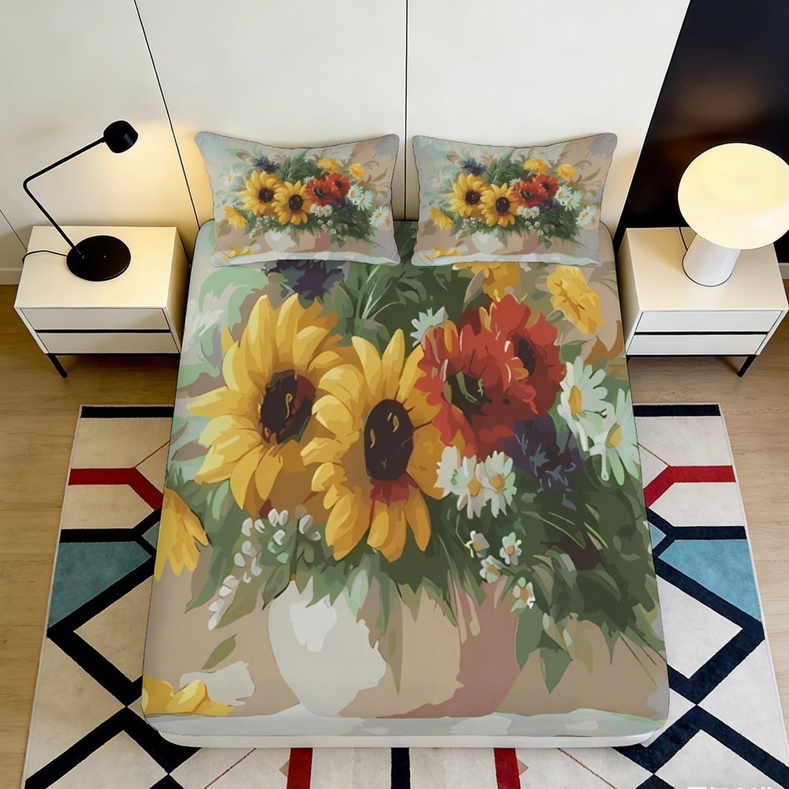 Uynsixtme Style-4 3D Printed Sunflower Floral Fitted Sheet Microfiber Non-Slip Deep Pocket Bedroom Bedding Sunflower Mattress Fitted Cover Washable Full Wrap 140X200x25cm
