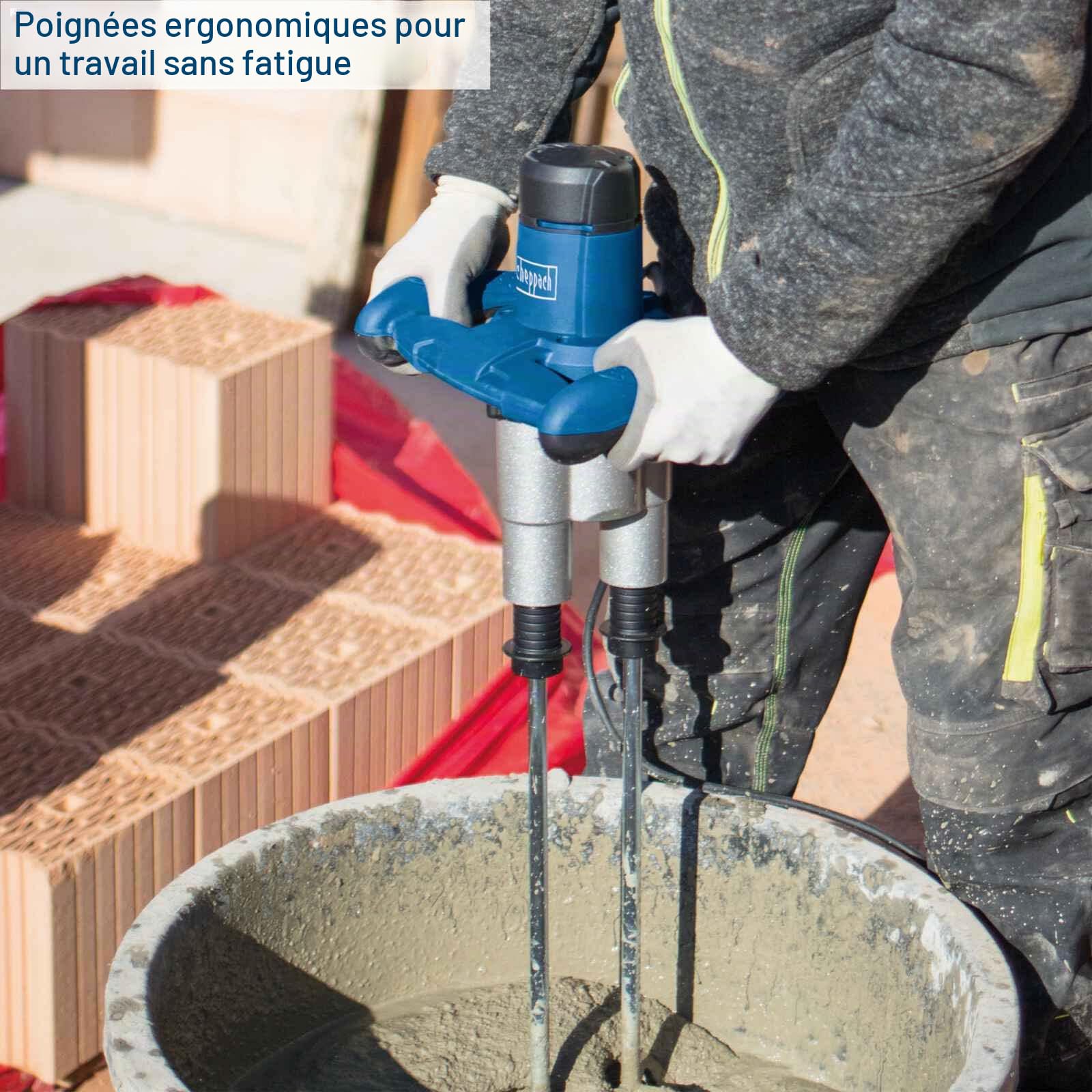 Scheppach Malaxeur PM1800D | Mélangeur à main | Puissance 1800W | Emmanchement M14 | 700 min-1 | 2 vitesses | Poignées ergonomiques | Turbines incluses | Idéal pour peinture, mortier et crépis