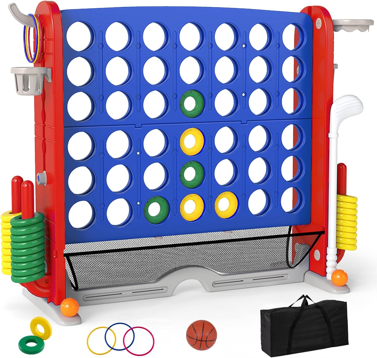 OLAKIDS Giant Connect Game Outdoor, 4 in A Row with Adjustable Height, Mesh Net, Carry Bag, Golf, Basketball Hoop, Ring Toss, Cup Holder for Kids Adults Indoor Backyard (Navy)