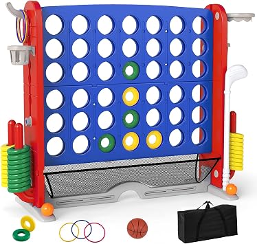OLAKIDS Giant Connect Game Outdoor, 4 in A Row with Adjustable Height, Mesh Net, Carry Bag, Golf, Basketball Hoop, Ring Toss, Cup Holder for Kids Adults Indoor Backyard Navy