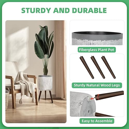 Miniatura 2 de Maceta de 12 pulgadas con soporte, macetas modernas con patas de madera, macetas grandes de mediados de siglo con agujeros de drenaje para plantar