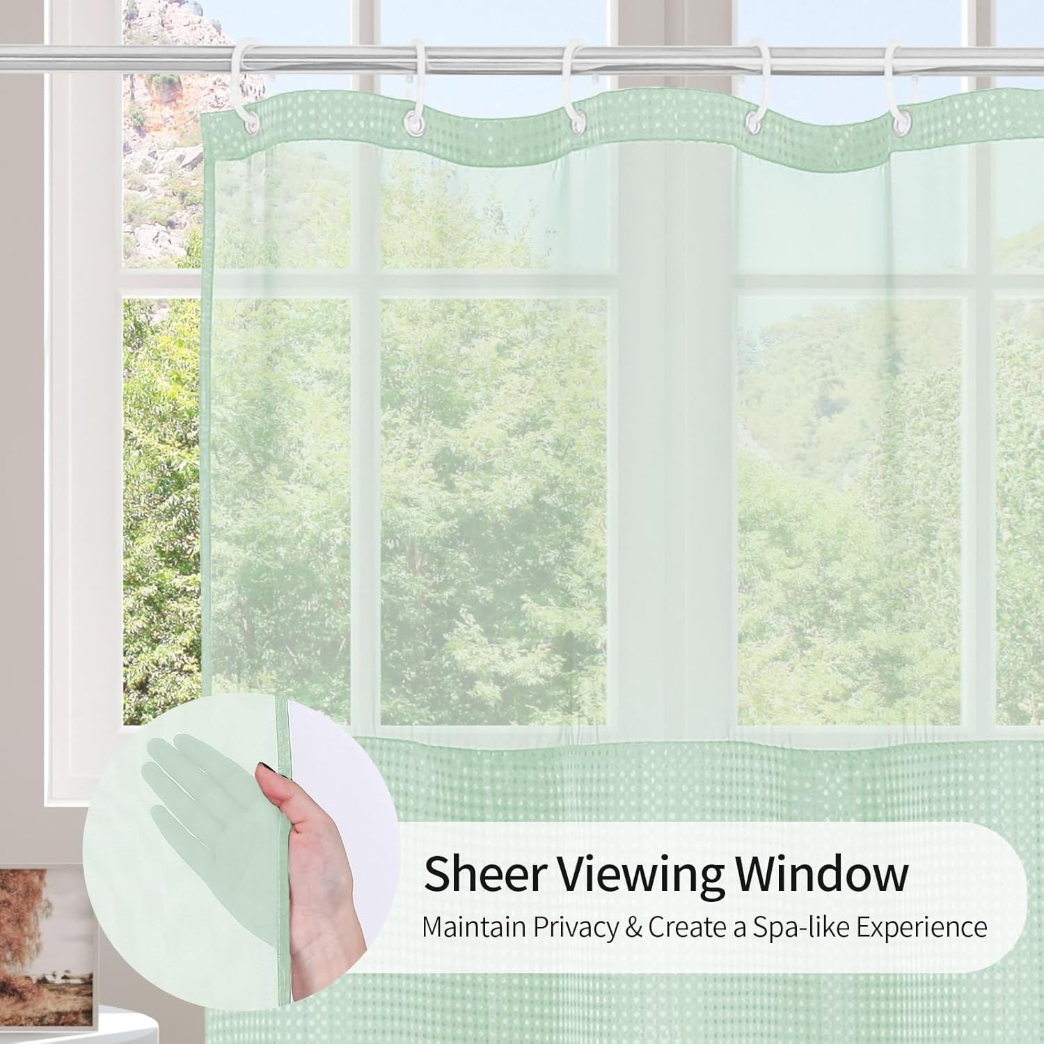 MitoVilla Extra Long 72 x 84 Shower Curtain Set with Snap-in Liner, Green Waffle XL Heavyweight Fabric Cloth Shower Curtains for Modern Luxury Hotel Spa Bathroom Decor, Mint Green