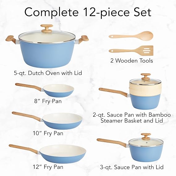 GoodCook 12-Piece Healthy Ceramic Titanium-Infused Cookware Set, Light Blue Pots, Pans, Steamer, Spoon & Turner Induction Cookware, Kitchen Pots & Pans Set, Nonstick Cooking Pan Set