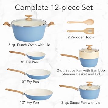 GoodCook 12-Piece Healthy Ceramic Titanium-Infused Cookware Set, Light Blue Pots, Pans, Steamer, Spoon & Turner Induction Cookware, Kitchen Pots & Pans Set, Nonstick Cooking Pan Set