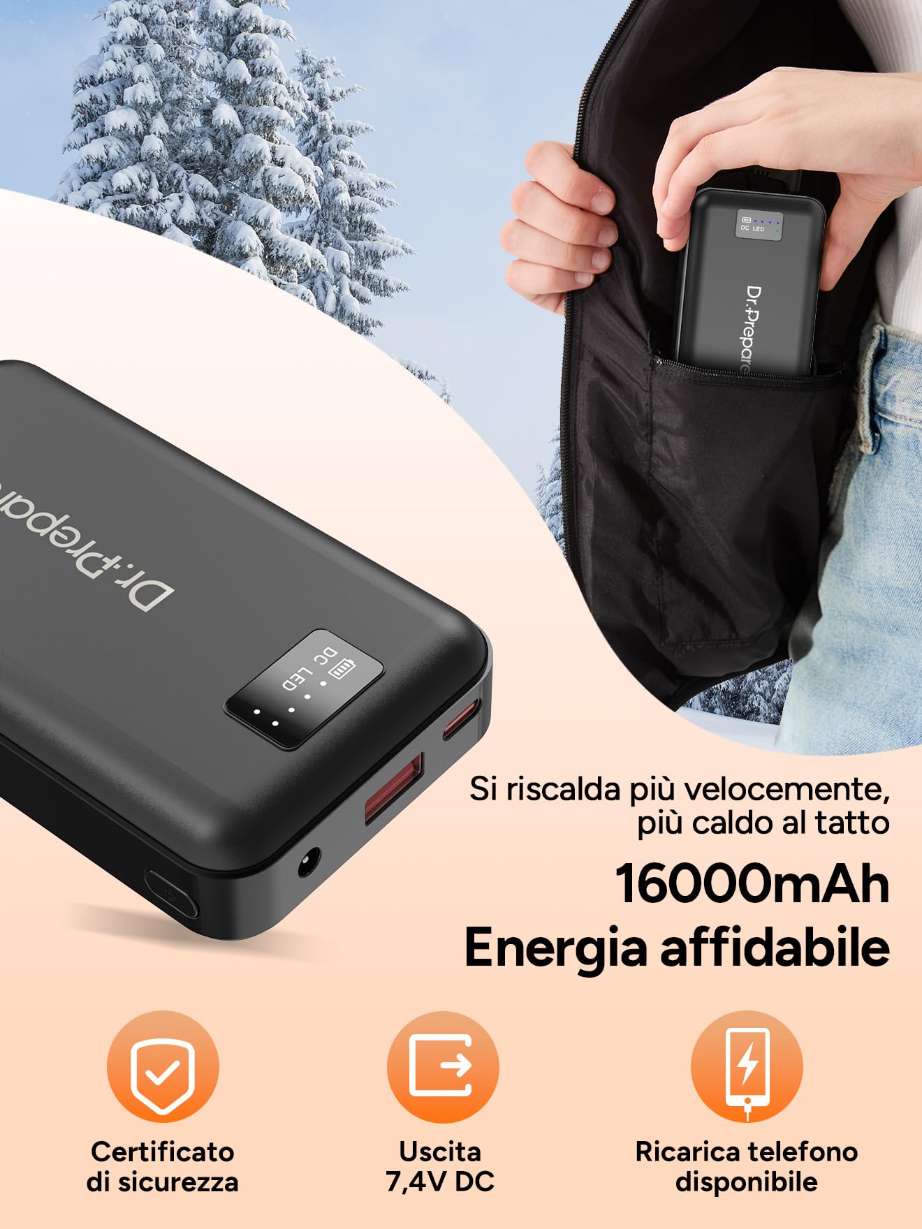 DR.PREPARE Gilet Riscaldato con Cappuccio Unisex con Batteria 7,4 V 16000 mAh 3 Livelli di Calore 10 Zone di riscaldamento Giubbotto Riscaldato per Uomo e Donna per Sci Pesca Escursionismo
