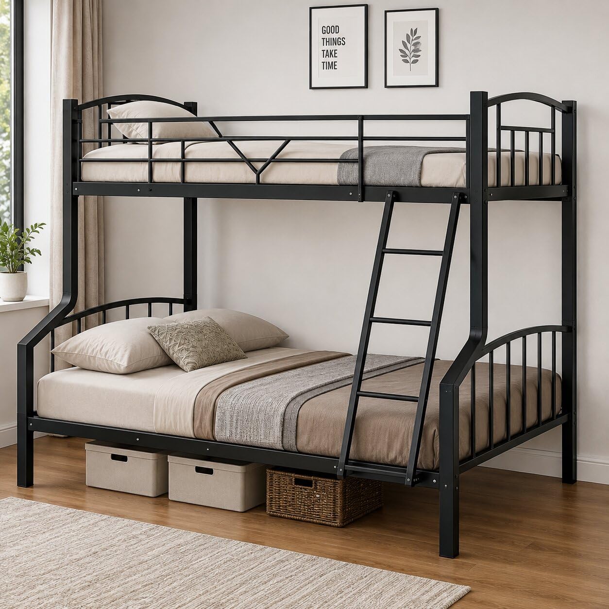 Black Metal Bunk Bed Twin Over Full | Heavy Duty Steel Bunk Bed Frame with Safety Guard Rails & Integrated Ladder | Space Saving Metal Double Deck Bed | No Box Spring Required-image-26