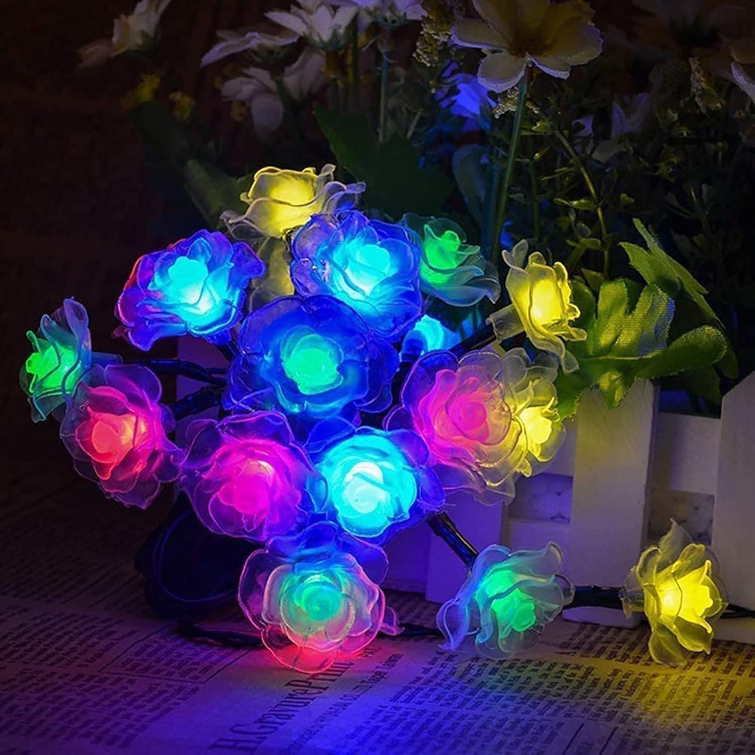 Solar Rose Fairy Lights Waterproof 8 Modes String Lights Bright Rose Garland Indoor Outdoor Decoration Lights for Valentines Day Weddings Birthday Party Carnival Supplies-White 6.5m 30led (Color 12m image 2