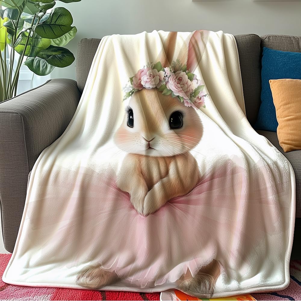 Bunny Throw Blanket Ballet Blanket for Girls Rabbit Flannel Cute Animal Print Rabbit Blankets for Kids Warm Soft Flannel Bed Sofa (59in x 70in)