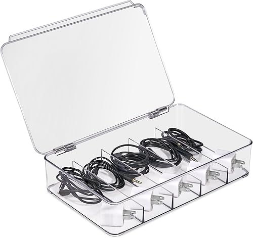Miniatura 8 de Sorbus Caja de almacenamiento organizadora de cables transparente, paquete de 2 soluciones de gestión de cables de plástico duradero con 5 divisores
