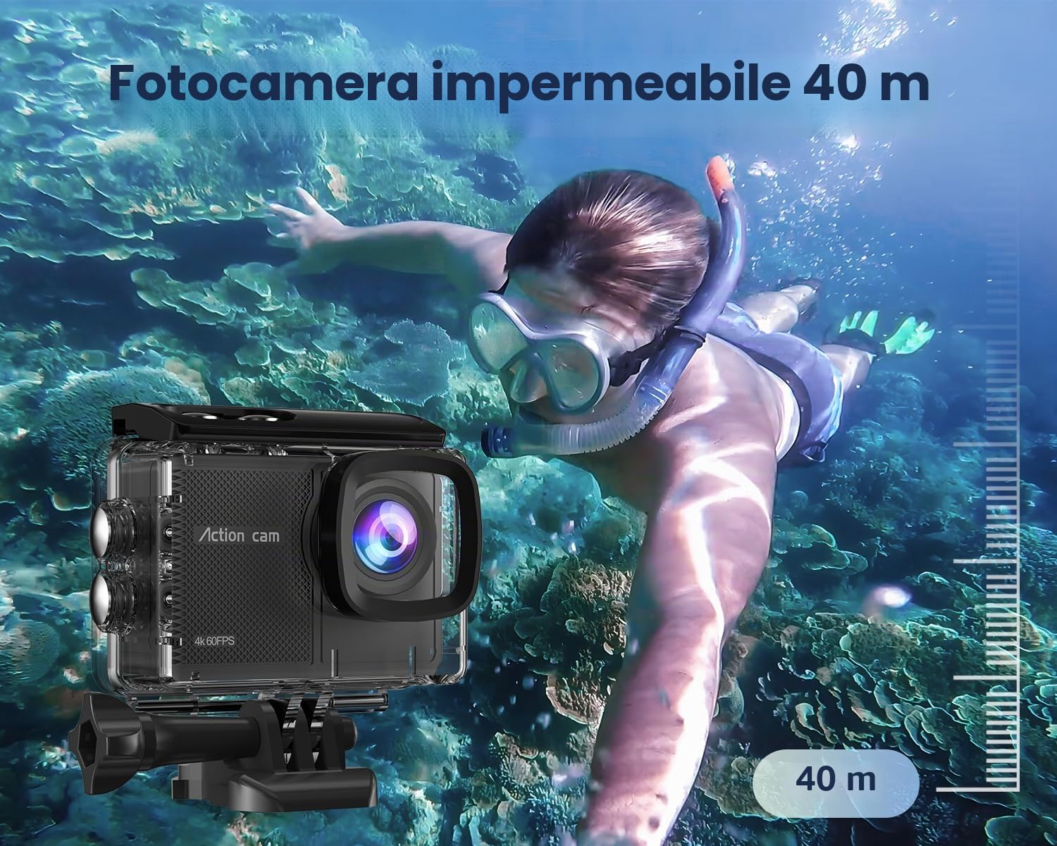 Action Cam 4K60FPS con Scheda Da 128GB, 131FT Fotocamera Subacquea con 8X Zoom,48MP HD WIFI Videocamera 170° Telecamera EIS,Telecomando 2x1350mAh Batterie