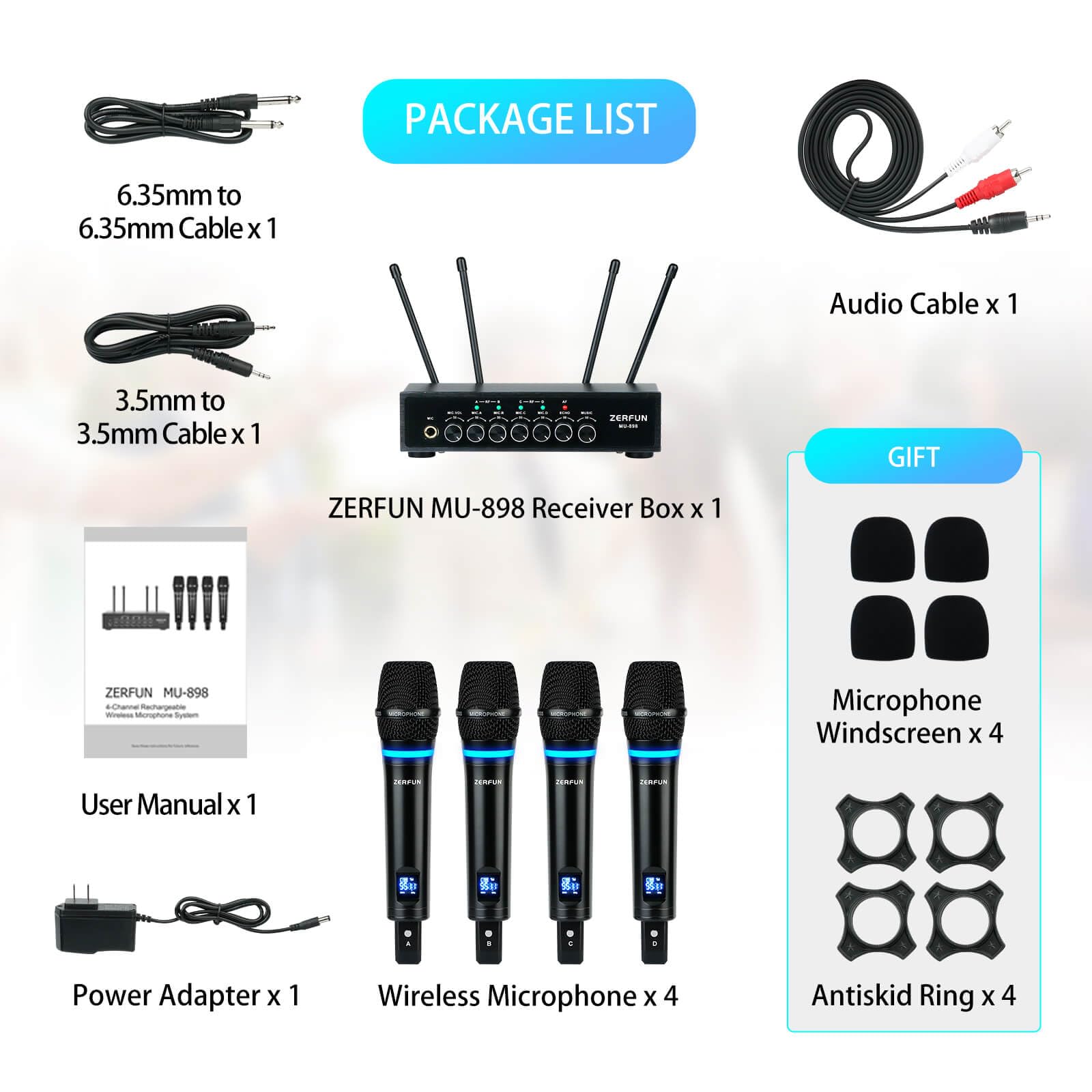 MELKESDE ZERFUN 4-Kanal UHF Wireless Mikrofon System Wiederaufladbar, Metall Handheld Wireless Mikrofone Kabellose Mikrofone Professional mit Echo Bluetooth Lautstärkeregler für Karaoke Singen Kirche