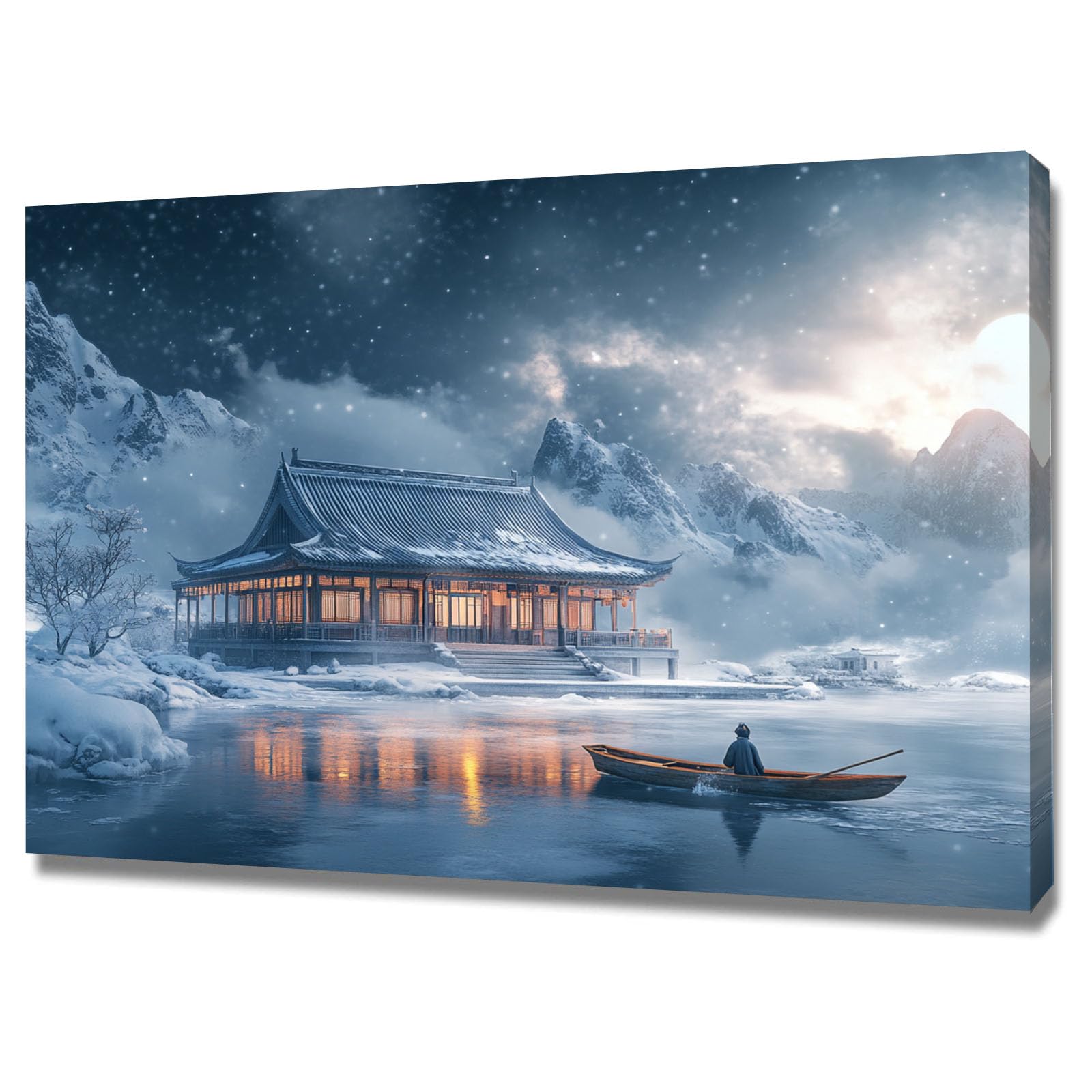 WUFIEA Azjatycka sztuka ścienna tradycyjny chiński obraz śnieg jezioro łodzie do dekoracji domu salonu sypialni (Blu foschia) - 70 x 100 cm oprawione