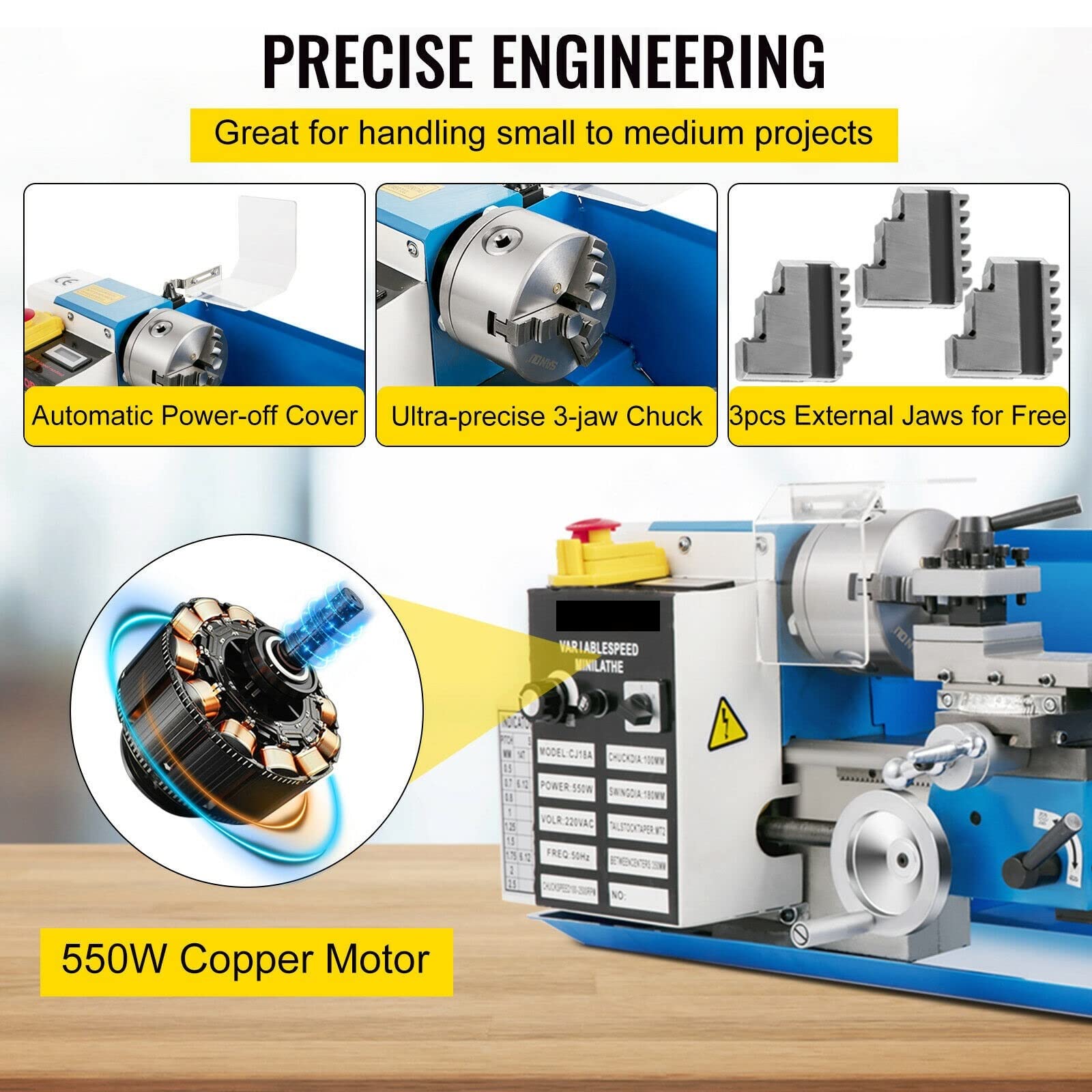 Torno De Metal De Mesa De 550W, 7" X 14", Velocidad Variable De 50 A 2250 RPM, Con Cabezal Autocentrante Y Precisión De 0.01 Mm
