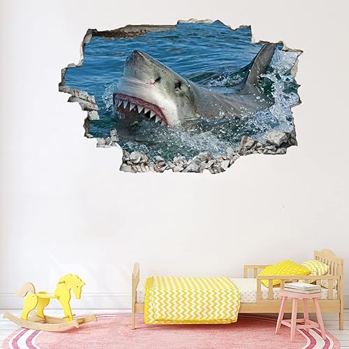 Miniatura 4 de Calcomanía de pared de animales, tatuaje de pared 3D de tiburón destrozado, removible, calcomanías de pared para habitación, calcomanías