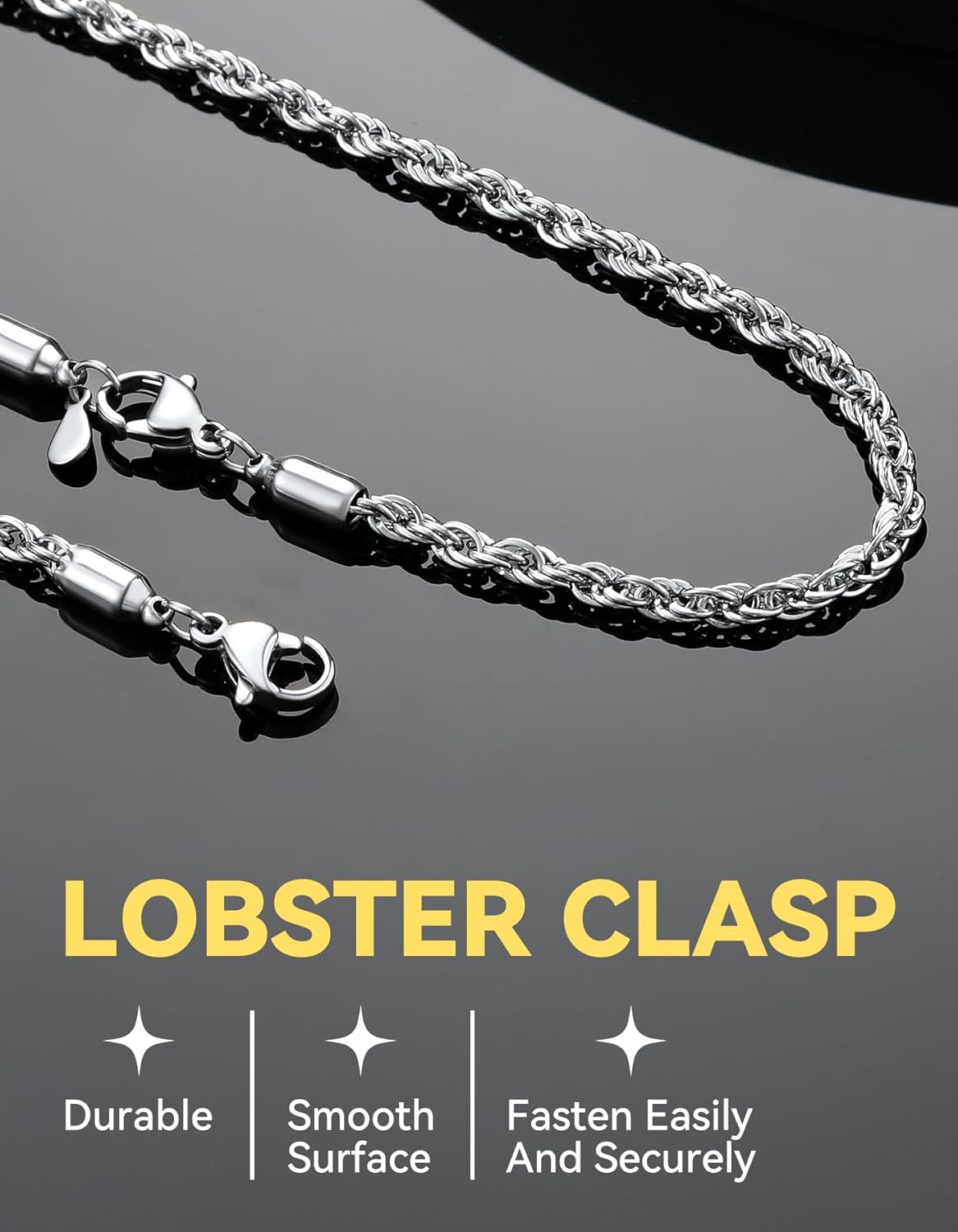 ChainsHouse Rope Chain for Men Women, Stainless Steel Twisted Chain Necklace 1.5mm/2mm/3mm/3.8mm/6mm Width, Black/14K Gold Mens Rope Chains Jewelry 16"-30", Send Gift Box - Image 4