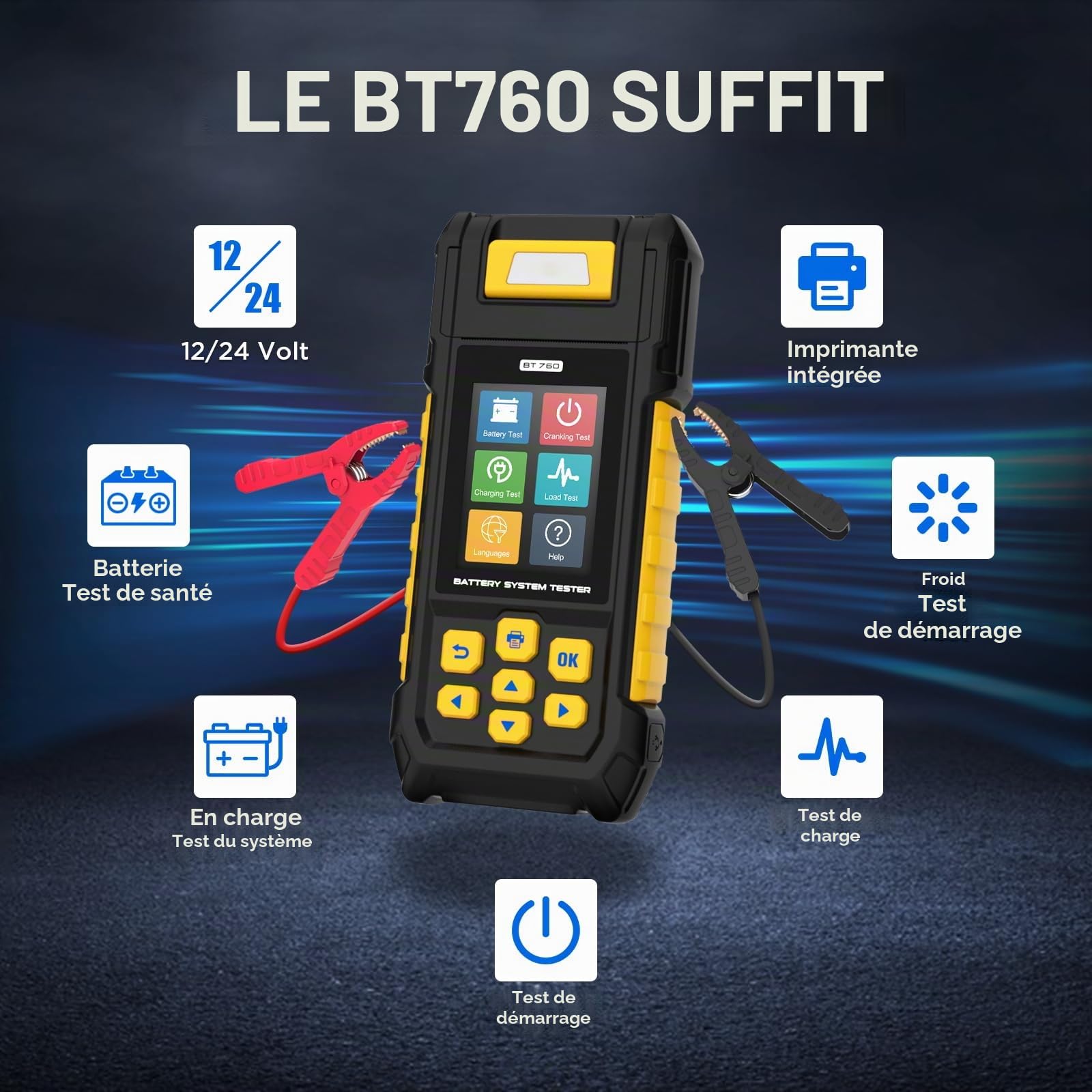 BT-760 12V / 24V Testeur de Charge de Batterie Automatique, 30-1700 en Analyseur de Diagnostic Voiture du Système de Démarrage et de Charge avec Imprimante Thermique Intégrée