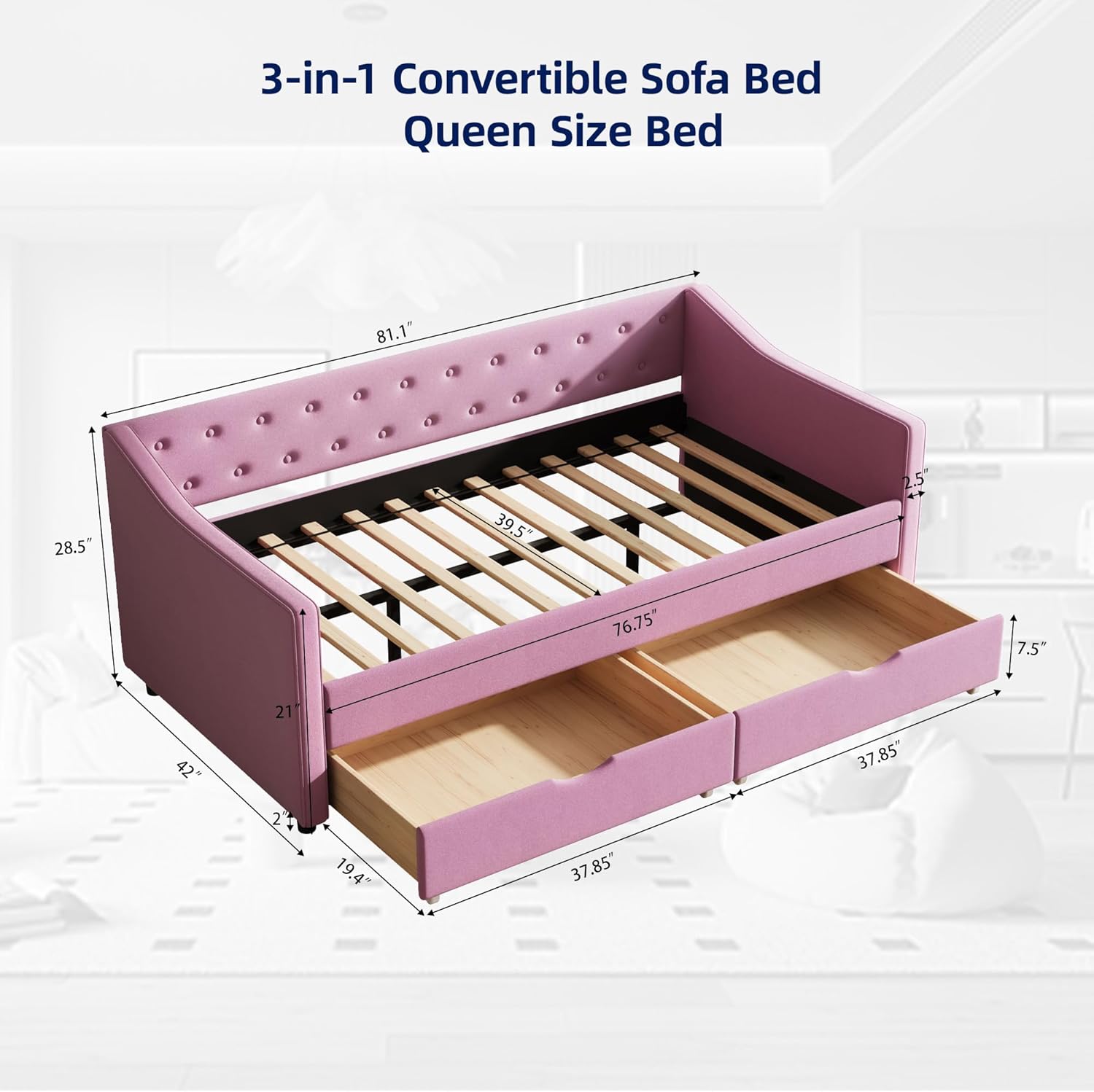 Casaphoria Sofa Daybed with 2 Storage Drawers, Velvet Fabric Upholstered Daybed Frame w/Wave Shape Arms, Heavy Duty Sofa Bed for Bedroom or Living Room, Twin Size Pink