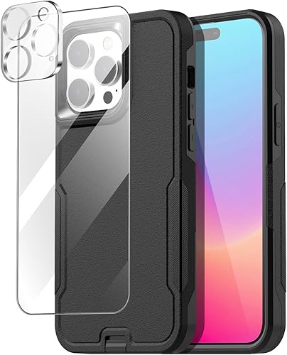 AICase Funda para iPhone 15 Pro con protector de pantalla de vidrio + lente de cámara, resistente protección contra caídas, cuerpo completo,