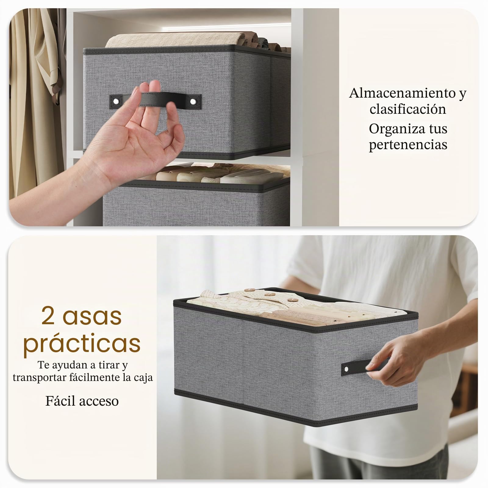 Caja de Almacenamiento Grande, Cajas Almacenaje Decorativas de Tela, Cestas Organizadoras con Asas para Dormitorio, Sala de Estar, Paquete de 4, Gris，41×25×16.5cm