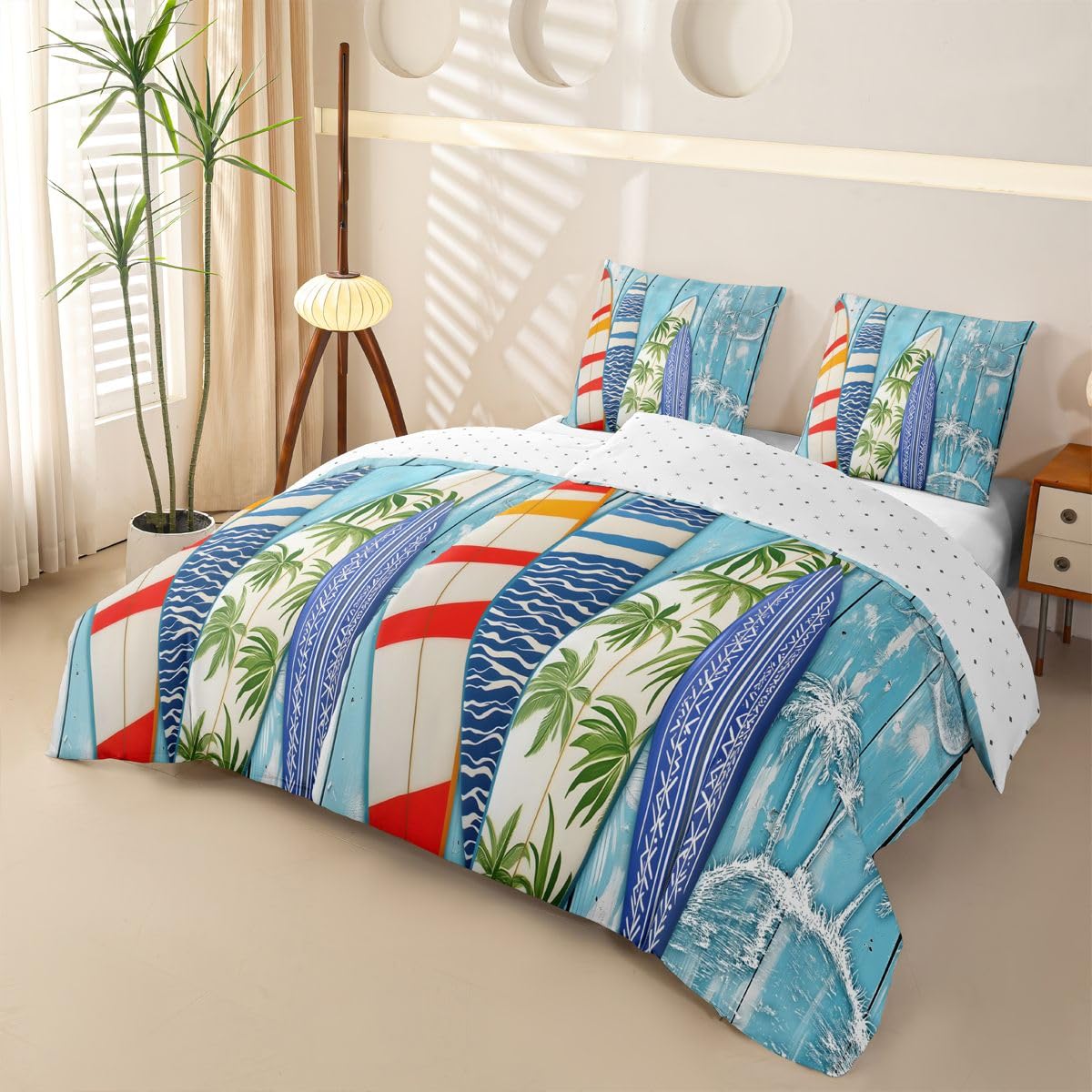Homewish Tropisches Surfbrett Microfaser Bettwäsche 135x200 4teilig | Holzplanke Bettbezug Palme Strand Küste Bettwäsche Set Coole Kokosnuss Saft Bettset Weich