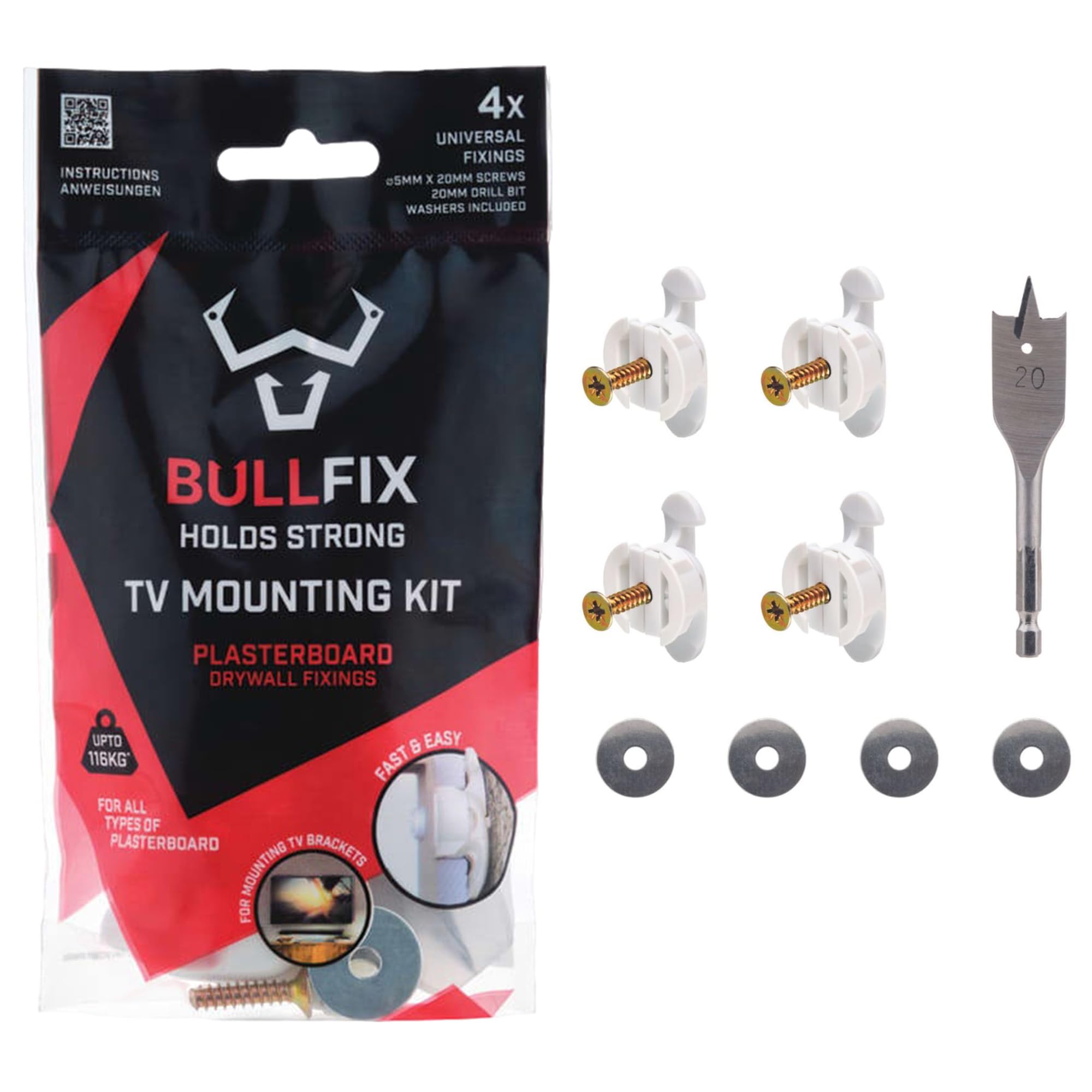 Bullfix TV Kit - Drywall Anchors for TV Bracket, Hollow Wall Anchor & Screws for Mounting TV to Drywall, Wall Mount Hardware Kits, Heavy Duty Wall Anchors for Televisions, Holds up to 255lbs