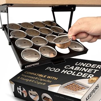 KEEPERS Nespresso Vertuo Pod Holder|Under Cabinet Swing Down Coffee Pod Organizer|Keurig Coffee Pod Holder|K Cup Holder Storage Organizer|Magnet Steel RV Office Small Kitchen 10x9in BLACK