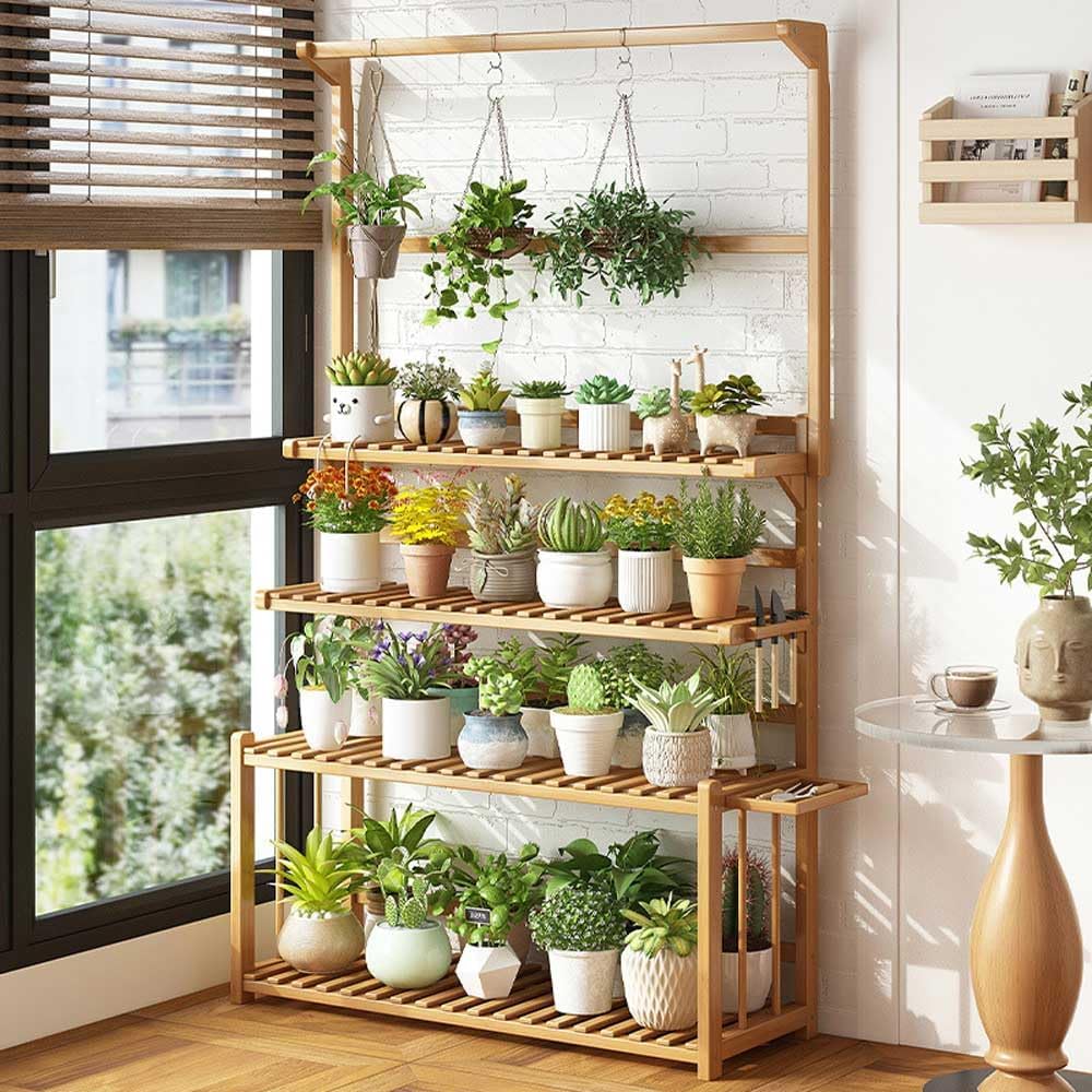 Bamboo Hanging Plant Stand Indoor Outdoor, 4 Tier Ladder Plant Shelf with Hanging Rod for Multiple Plant, Floor Standing Flower Pot Display Organizer for Patio Balcony Porch Living Room
