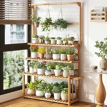 Bamboo Hanging Plant Stand Indoor Outdoor, 4 Tier Ladder Plant Shelf with Hanging Rod for Multiple Plant, Floor Standing Flower Pot Display Organizer for Patio Balcony Porch Living Room