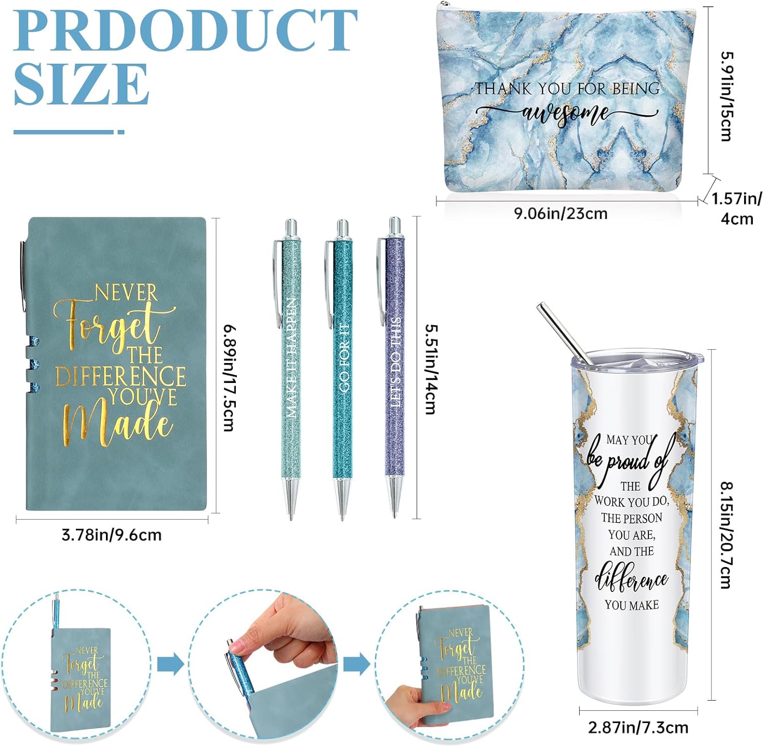 Domensi 6 Pcs Employee Appreciation Gift Set for Women Female Thank You Gift May You Be Proud 20 oz Rustic Marble Sign Tumbler Makeup Bag Journal for Nurse Lady Work Business(Blue) - Image 2