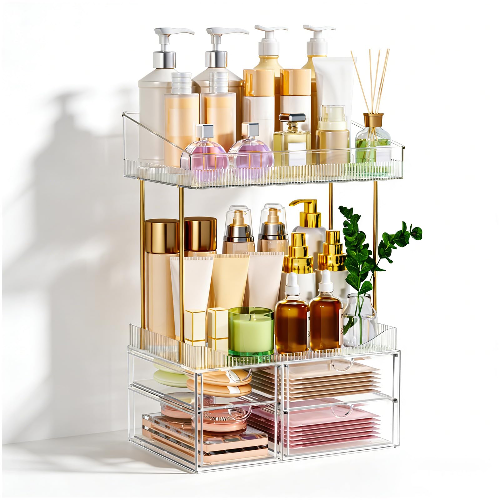 Make Up Organizer - Kosmetik Organizer Upgrade Transparent 2 Etagen 4-Schublade Modelle, Rutschfestem Design, Schminktisch Organizer Für Badezimmer/Schlafzimmer/Küche, Weiß