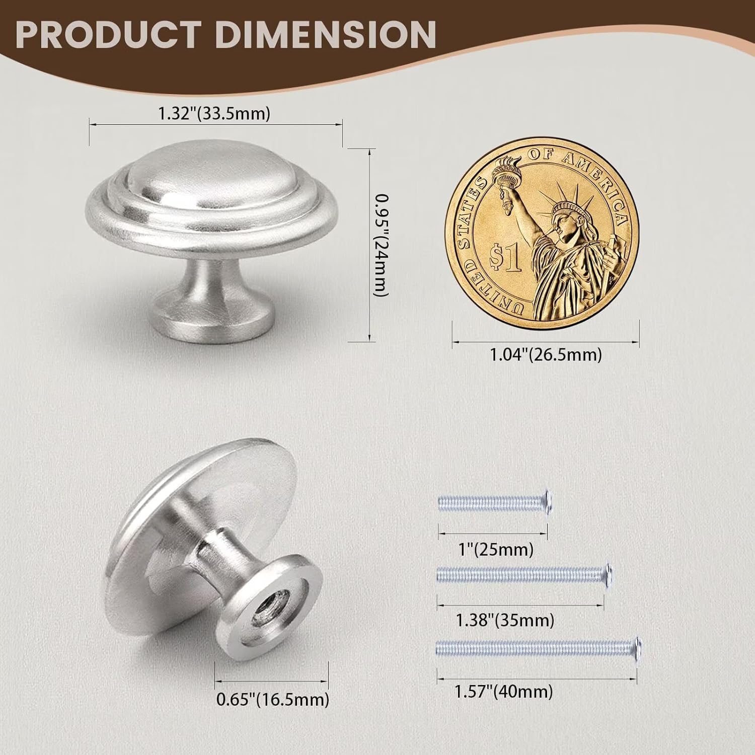 Brushed Nickel Knobs for Drawer 20 Pack, Solid Round Kitchen Cabinet Knobs, Dresser Pulls for Bedroom Bathroom Vanity, Diameter: 1.32 Inch(33.5mm)