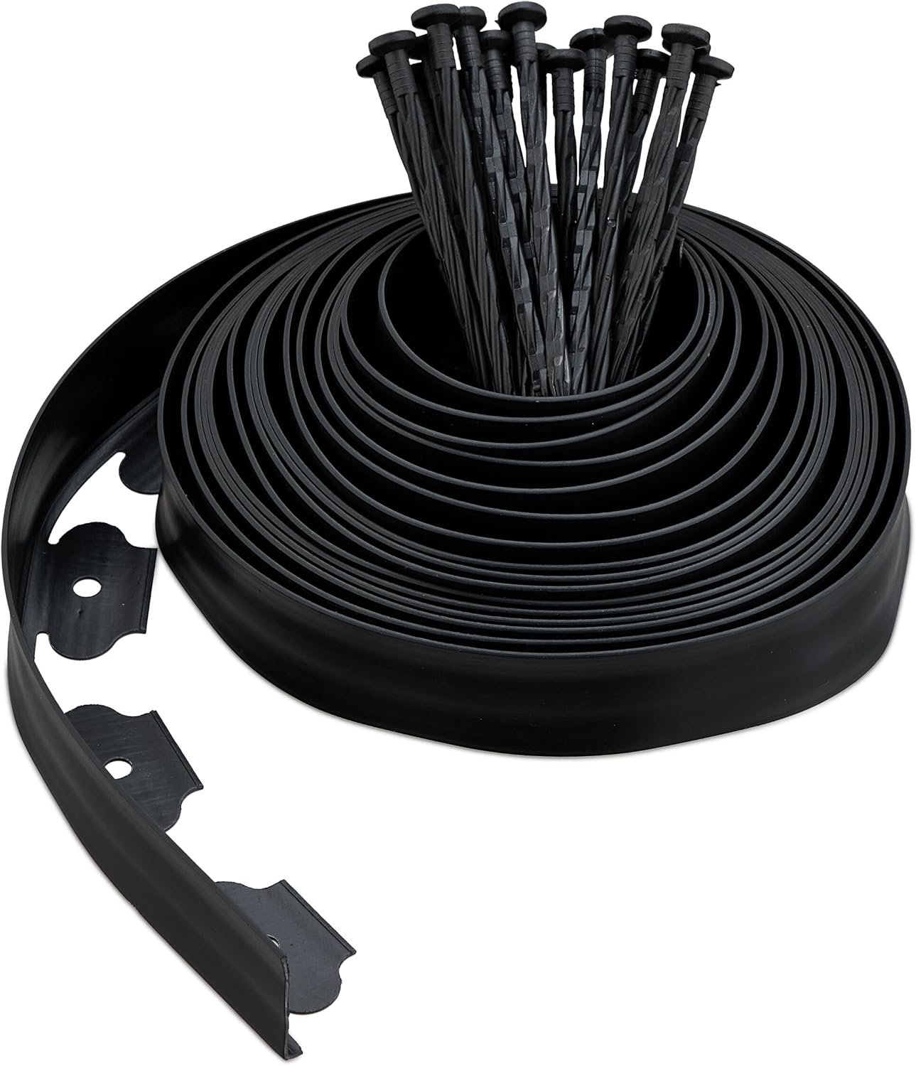 Relaxdays Lawn Edging 10 m, Height 5 cm, 30 Ground Anchors, Flower Bed Edging & Path Border, Flexible Lawn Tape, Plastic, Black