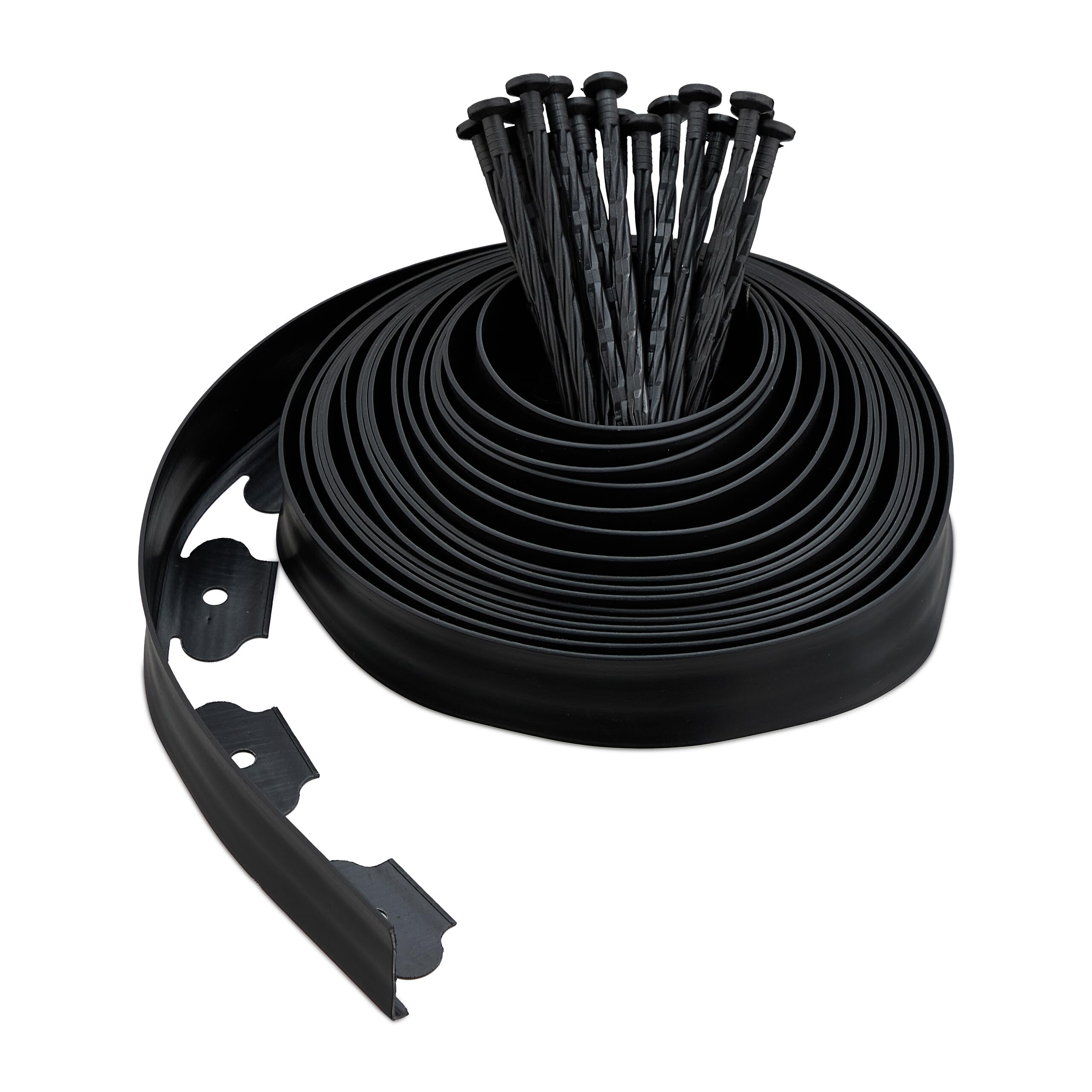 Relaxdays Lawn Edging with Ground Stakes, 10 m, for Flowerbed & Path Borders, Flexible Strip, Landscaping Divider, Black