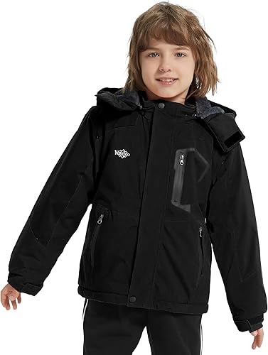 Miniatura 4 de Wantdo Chaqueta de esquí impermeable para niño, chaqueta de snowboard de vellón, abrigo de invierno cálido y grueso con capucha, 4-16