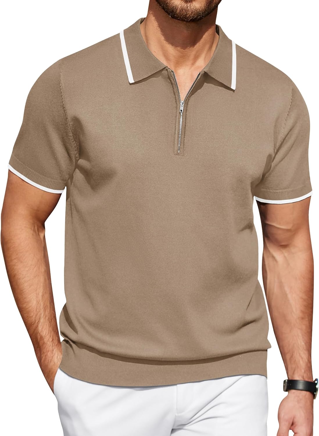 COOFANDY Men's Zipper Polo Shirt Casual Knit Short Sleeve Polo T Shirt Classic Fit Shirts