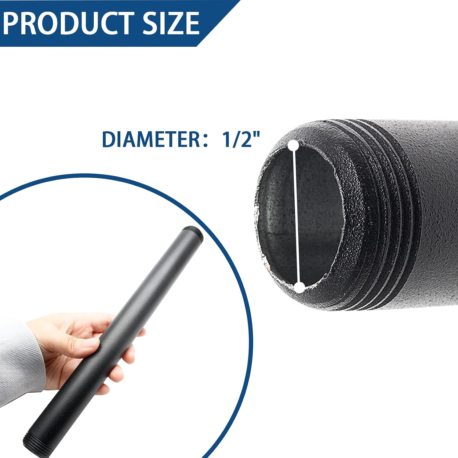 BokWin 6 Pcs 1/2 Inch x 12 Inch Black Pipe Thread | Heavy Duty, Vintage Pipe Fitting, Industrial Shelving Decoration