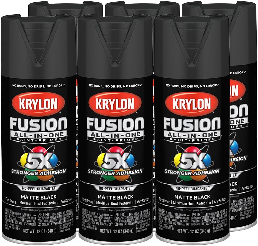 6-Pack of 12 oz Krylon K02754007 Black Fusion All-In-One Paint & Primer Spray Paint, Matte