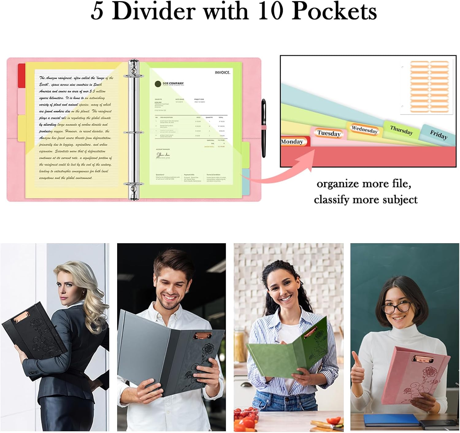 3 Ring Binder 1 Inch, Leather Binders with Clipboards, KLLVE Three Ring Binder with 10 Pocket Divider(Pink, Letter Size) - Image 5