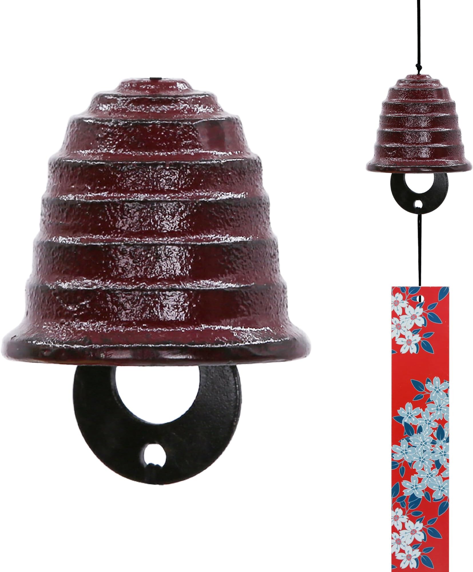 Japanese Wind Chime Cast-Iron Outdoor Ornament for Garden, Patio & Balcony, Hanging Metal Wind-Bell Decoration Gift, Blessing Pendant Windchimes & PVC Wind-Catcher, Waterline - Red