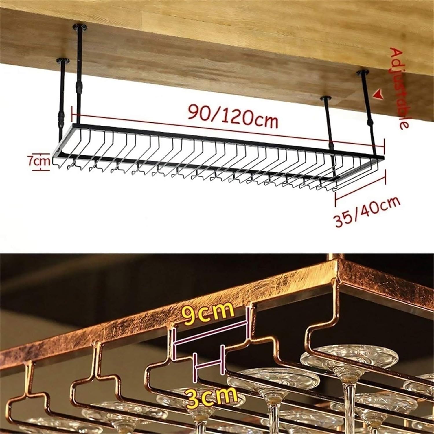 Wine Rack Hanging Wine Glass Rack - Adjustable Height Iron Stemware Racks Large Capacity Rustic Glass Cup Shelves Wine Storage Racks for Kitchen/Bar/Restaurant,Brown-60x35cm