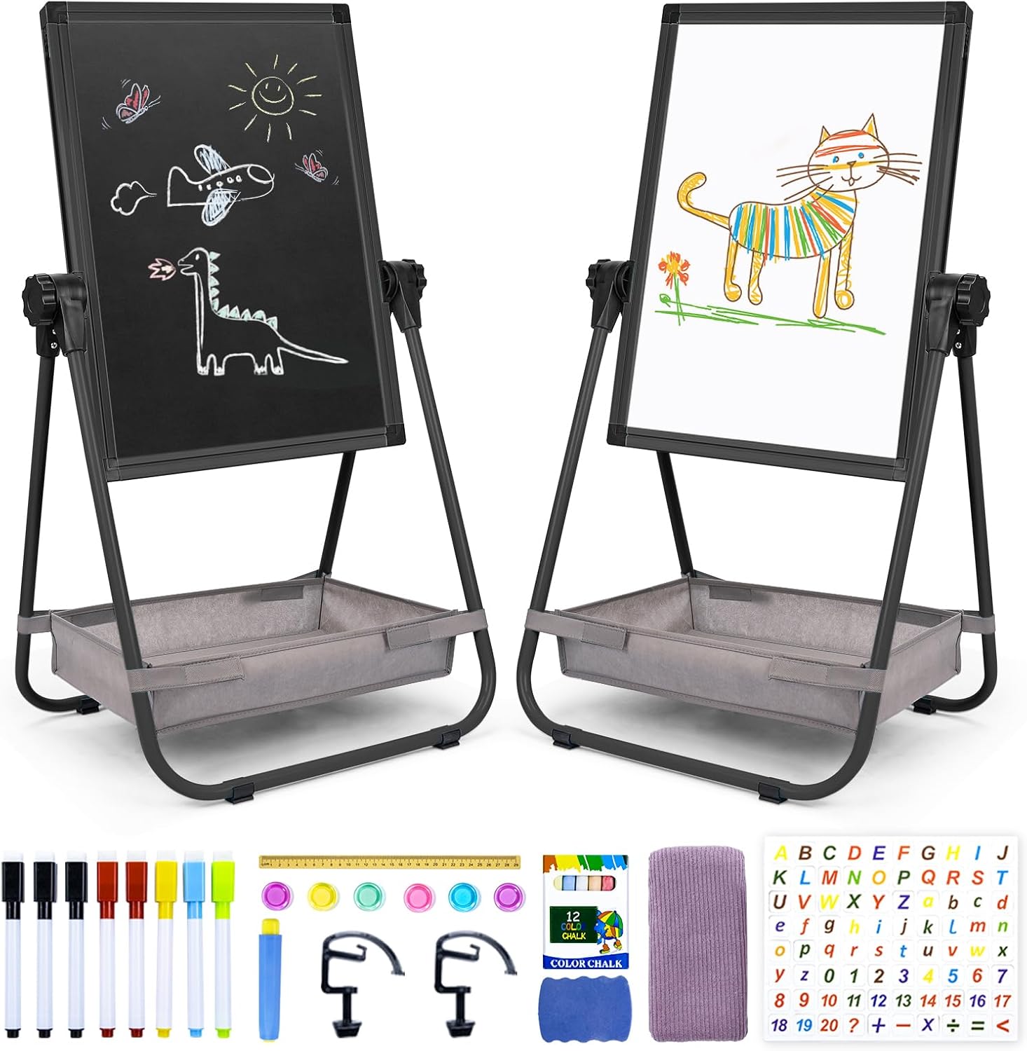 WEYOUNG Kids Easel for Toddlers, Adjustable Standingg Metal Toddler Whiteboard & Chalkboard, Magnetic Art Easel for Kids Age 2-4 4-8 9-12, Black