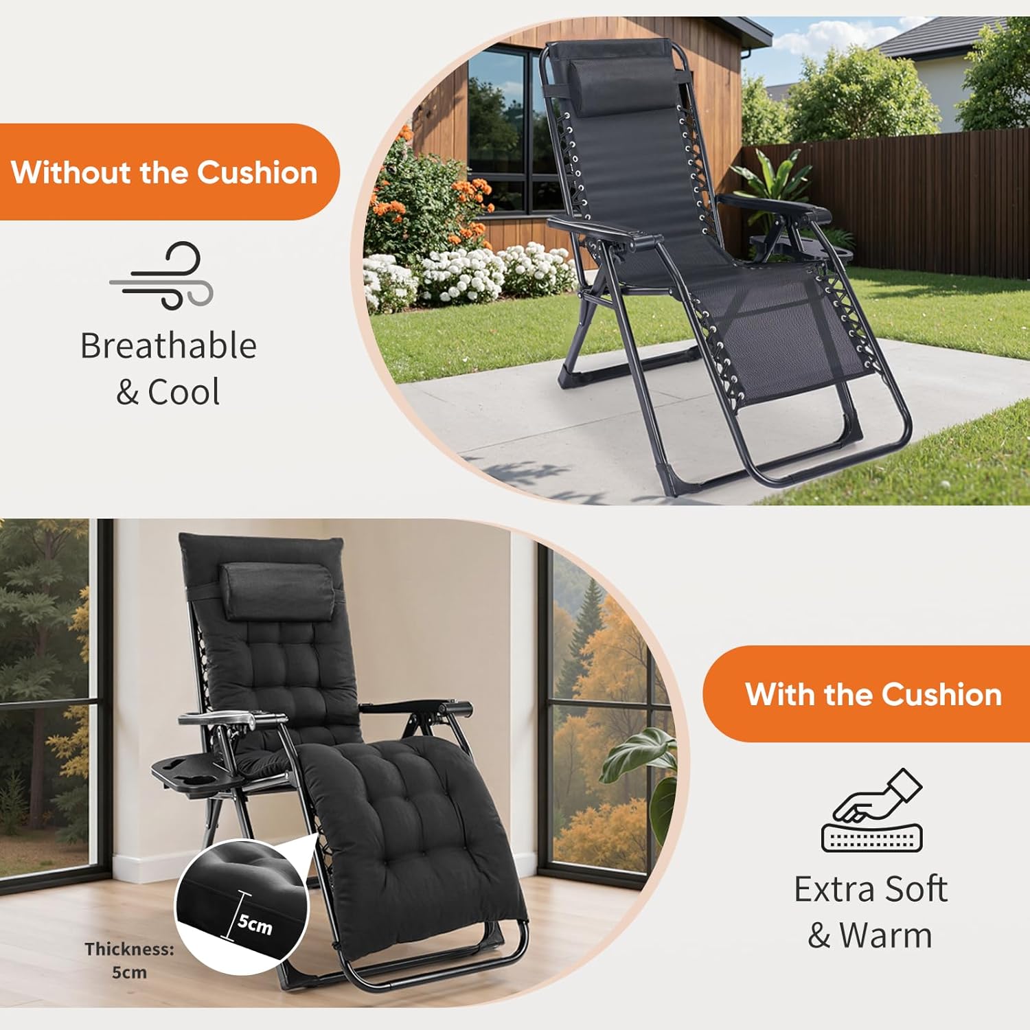 DUMOS Zero Gravity Chair, Reclining Camping Lounge Chair for Outdoor, Reclining Patio Chairs with Cup Holder Trays and Removable Cushion, Folding Recliner for Indoor, Black