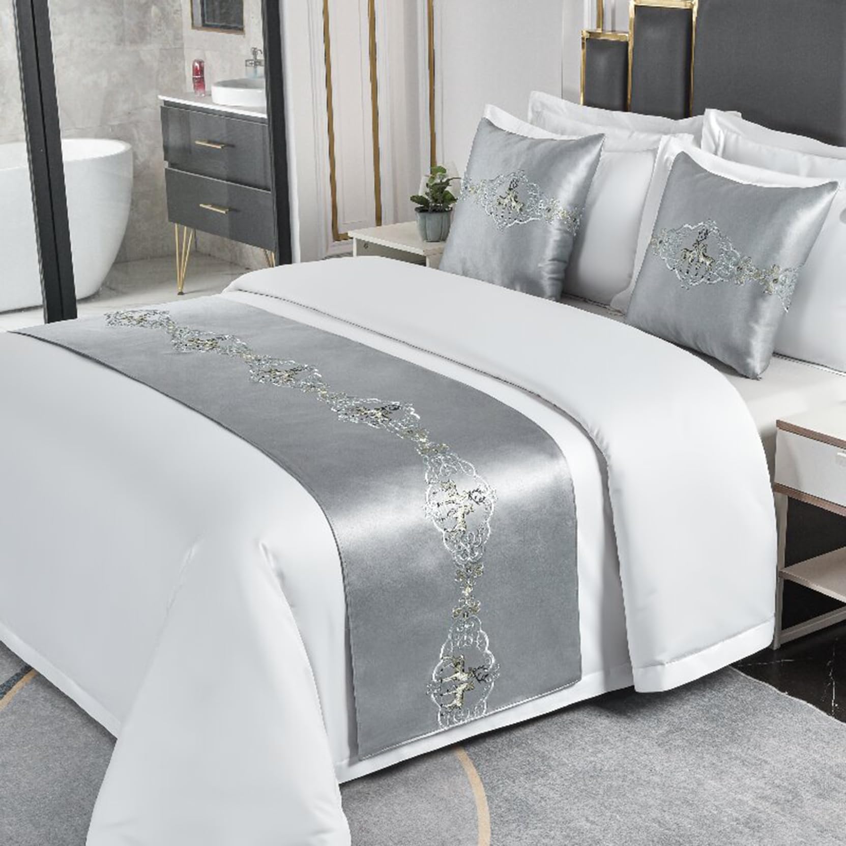 HLASMSPE Hotel Bed Runners Solid Color Bed Scarves Modern Bedding Cover Decor Bedspread Blankets Throw Protective, Silver, 50x180cm bed runner for 1.2m bed