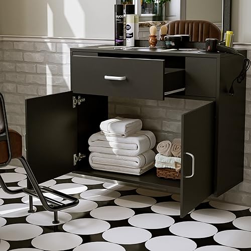 Miniatura 8 de Paddie Estación de salón de montaje en pared con espejo estación de peluquería equipo de salón de spa con soportes para