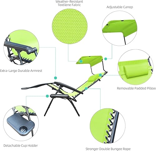 Miniatura 6 de Silla de gravedad cero de gran tamaño con sombrilla y bandeja para bebidas, color verde lima