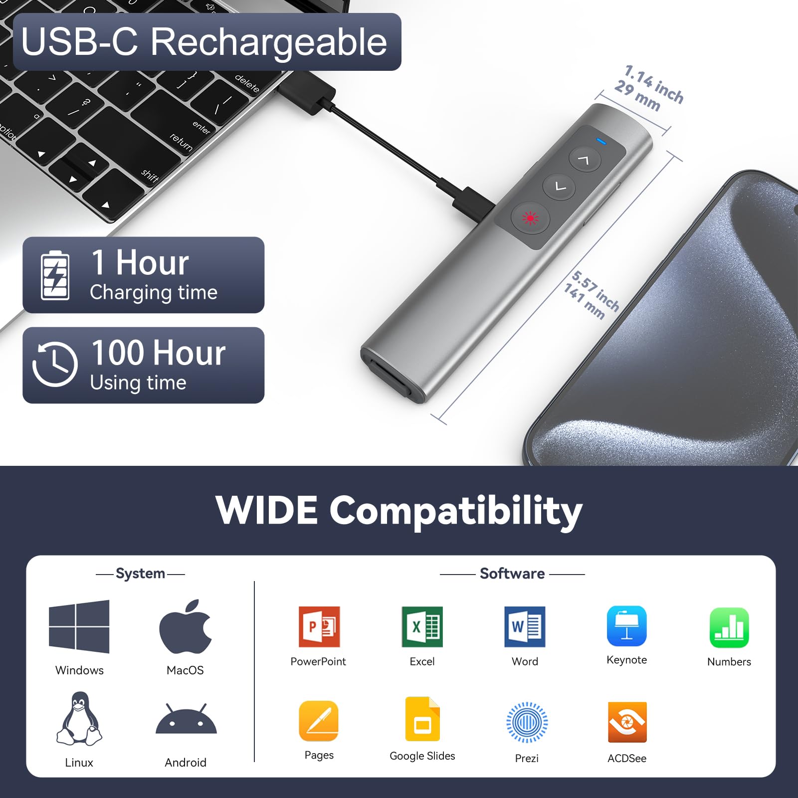 PowerPoint Pointeur de présentation sans fil 2,4 GHz USB-C Télécommande de présentation Pointeur de présentation pour Windows Mac Linux