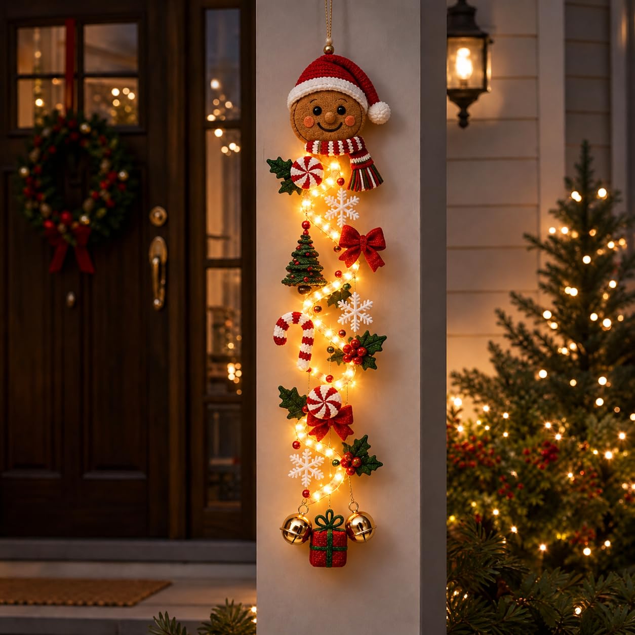 Glowing Christmas Door Hanger, 6 Festive Lighted Design with Warm Glow