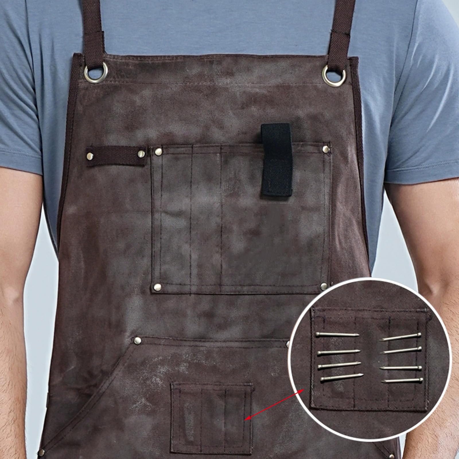Delantal De Trabajo Hombre, con Correas para Los Hombros Y Hebilla Ajustable, Delantal De Carpintería con Bolsillos Grey,One Size