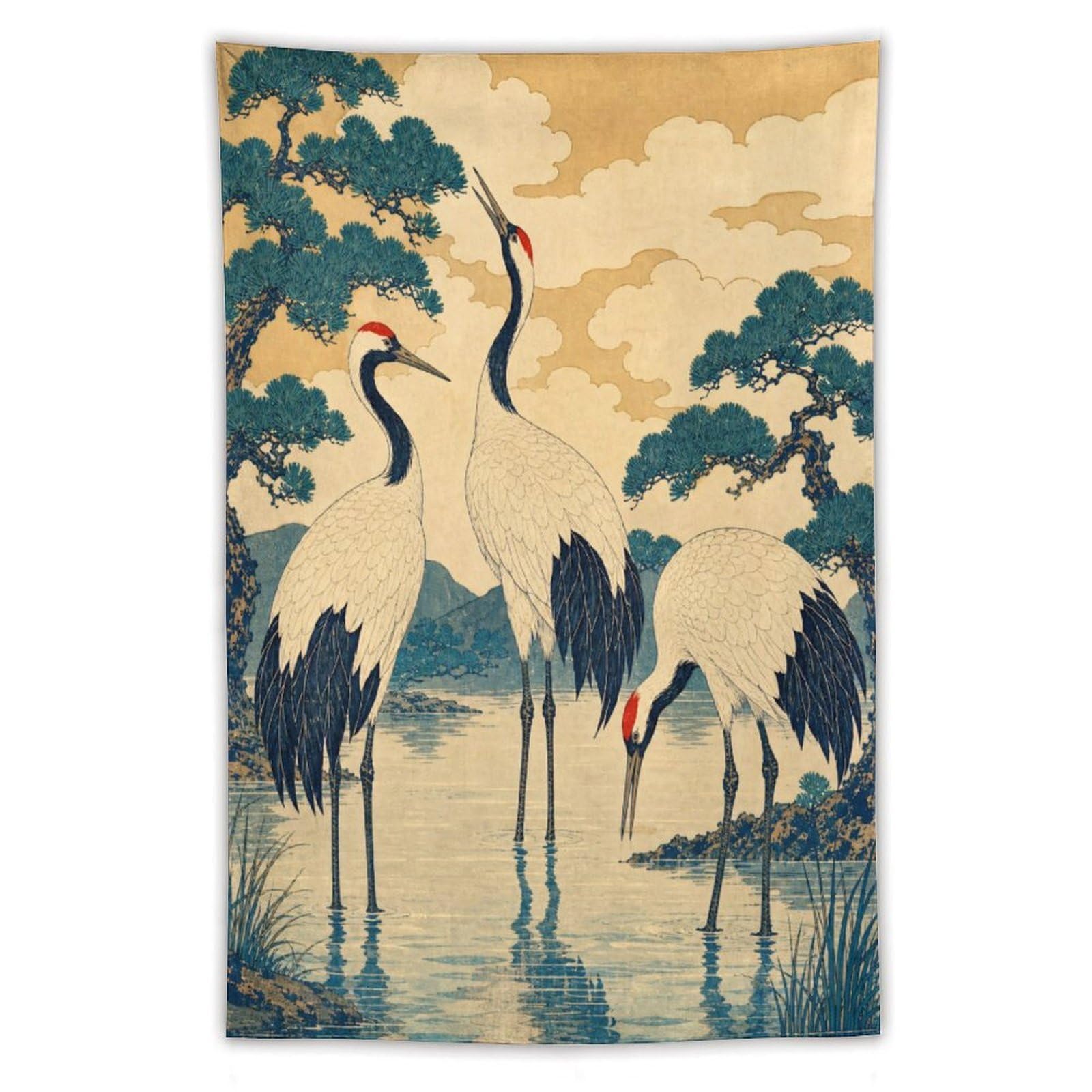 H3B8U2Y5 Cranes in Water Wall Tapestry, Ukiyo-e Style, Sofa Area