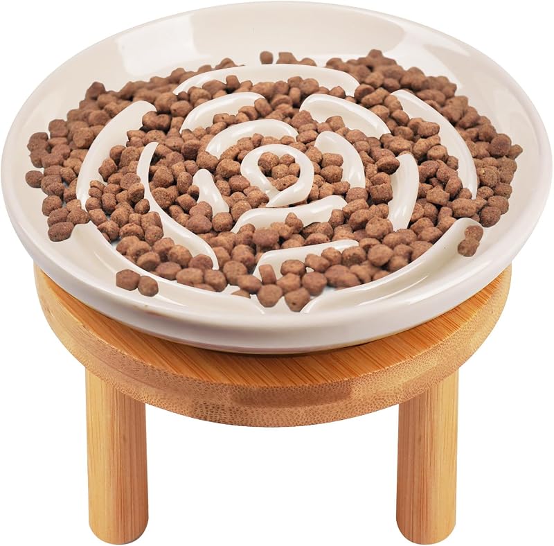 Comedouro lento elevado para gatos em cerâmica com suporte de bambu e design raso, Lfpkixise, 17,78 x 17,78 x 6,86 cm